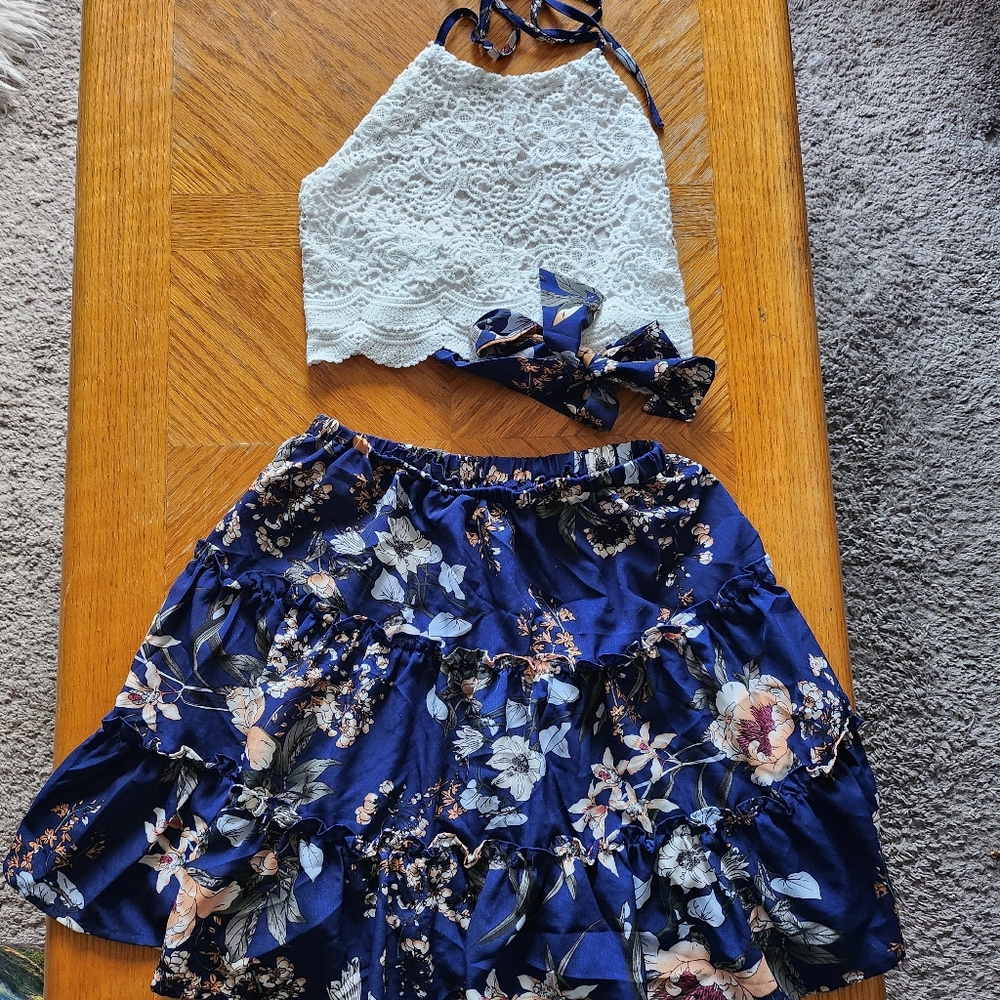Floral Blue and White Two-Piece Outfit